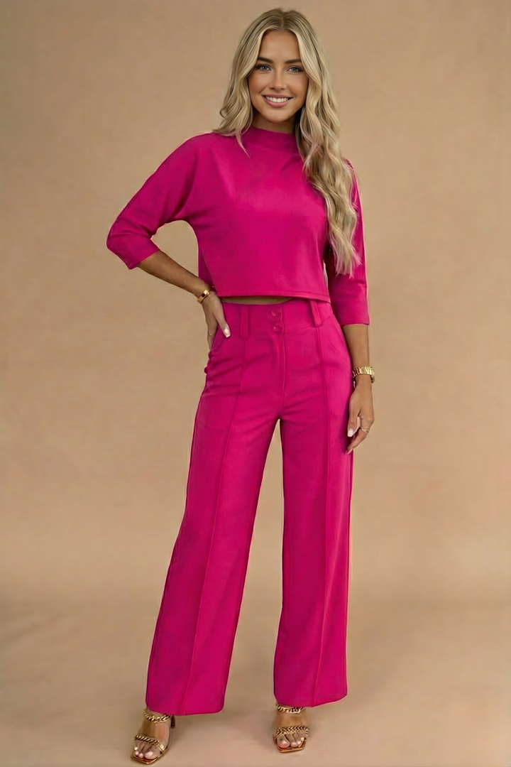 Elegant Tvådelat Set Dam | Långärmad Croptop & Högmidjade Byxor för Stilfulla Tillfällen 5
