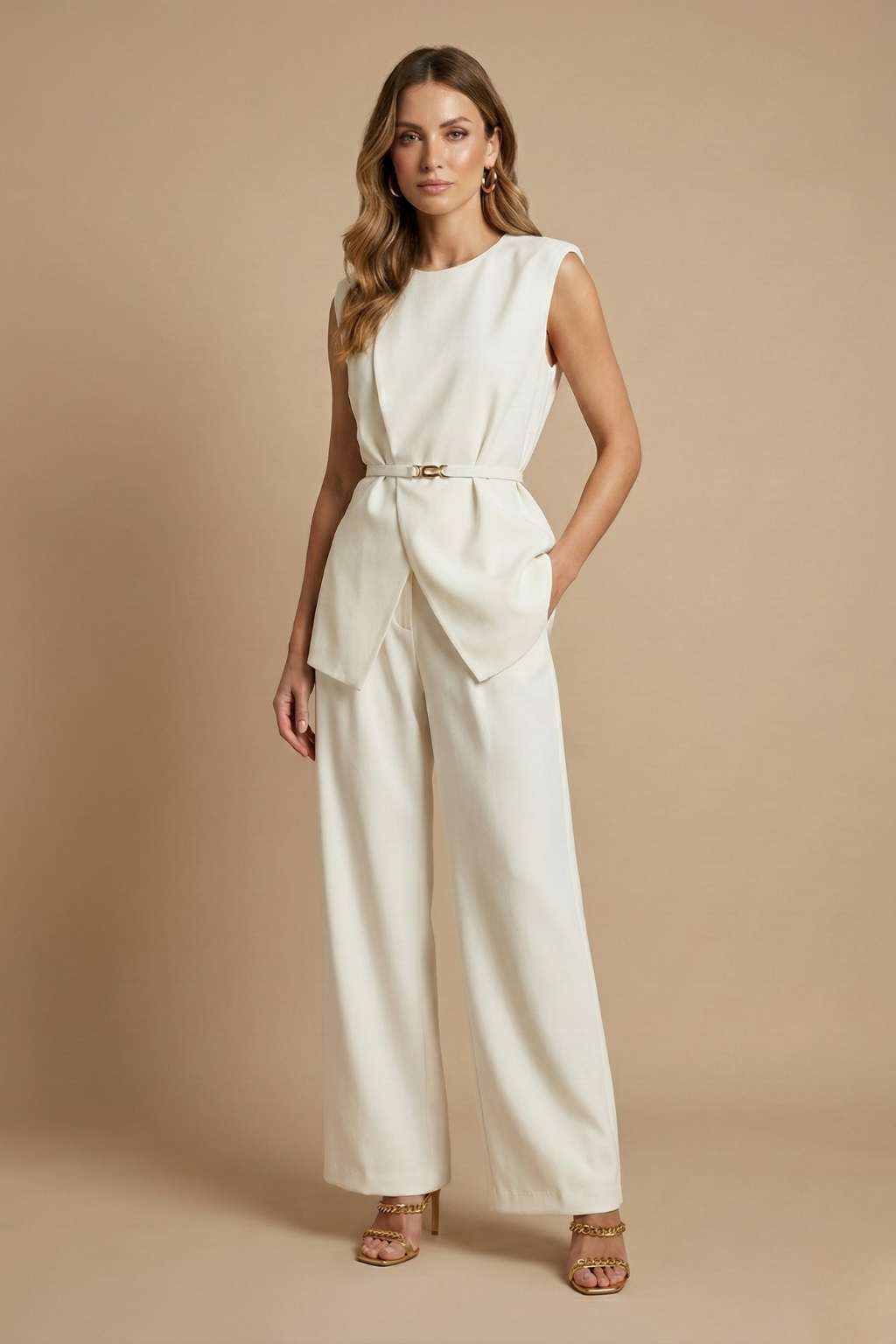 Elegant Tvådelat Set Dam med Ärmlös Topp och Vida Ben Byxor | Modern Design för Formella Tillfällen 0
