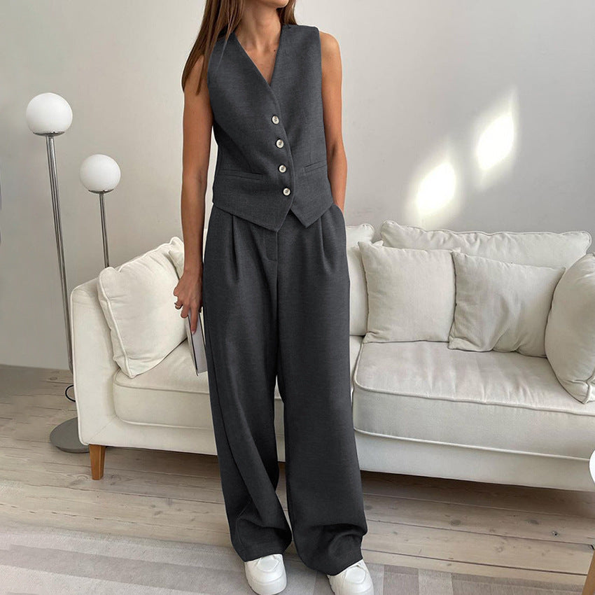 Elegant Tvådelat Set Dam med Vida Ben och Knappdetaljer | Mångsidig Outfit för Alla Tillfällen 0