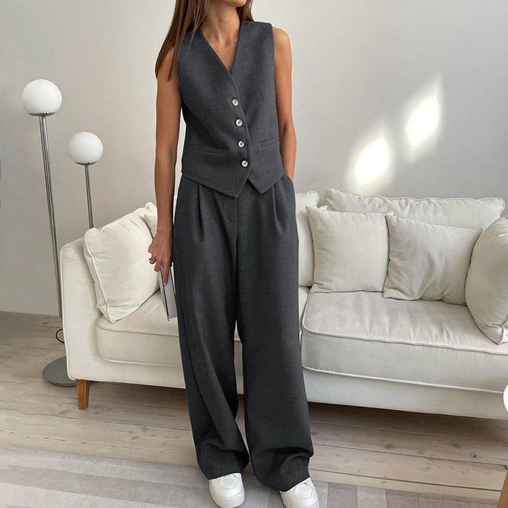 Elegant Tvådelat Set Dam med Vida Ben och Knappdetaljer | Mångsidig Outfit för Alla Tillfällen 0