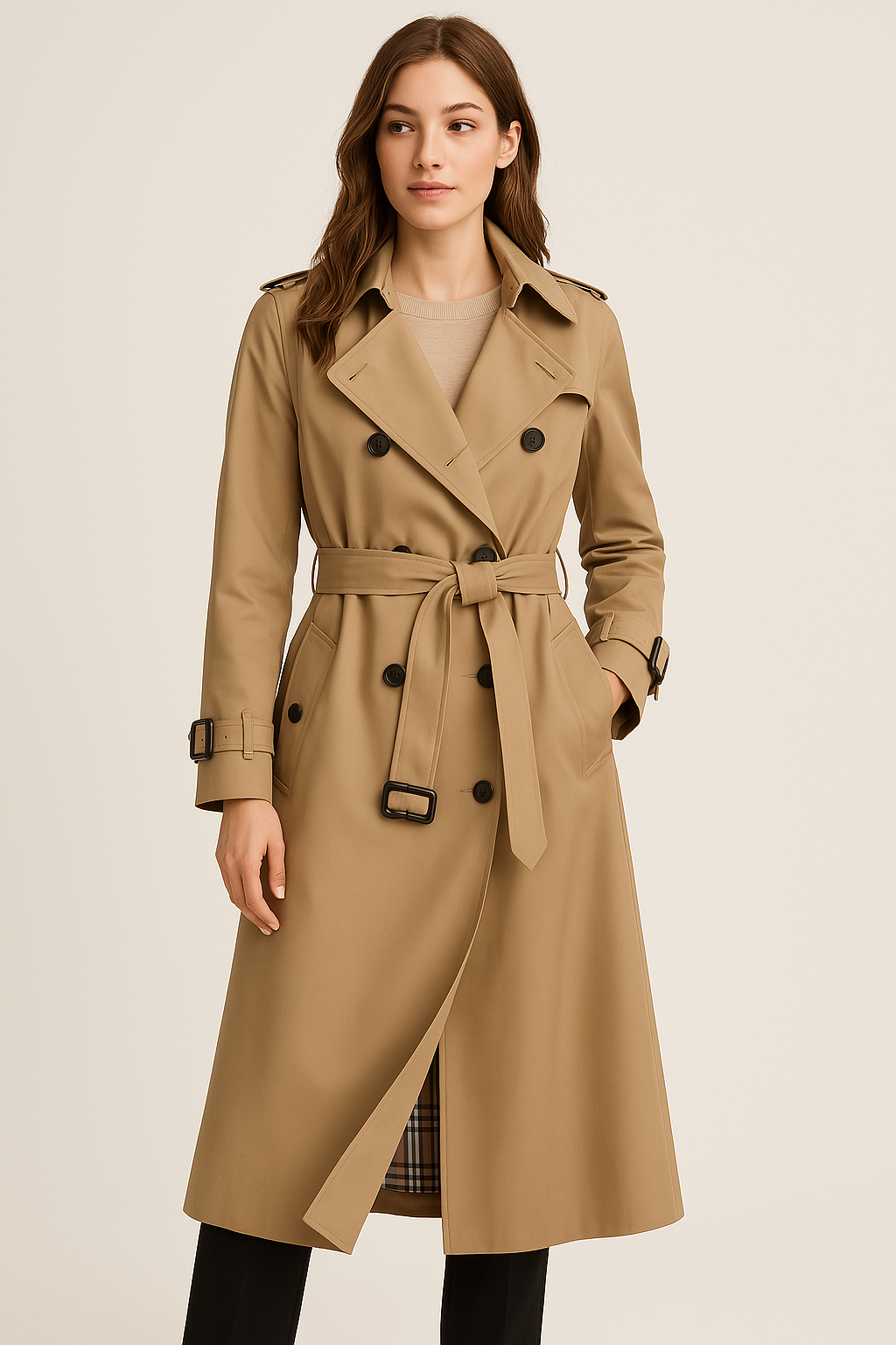 Elegant Utsvängd Kappa | Dubbelknäppt Trenchcoat med Justerbart Bälte | Tidlös Silhuett för Modern Stil 1