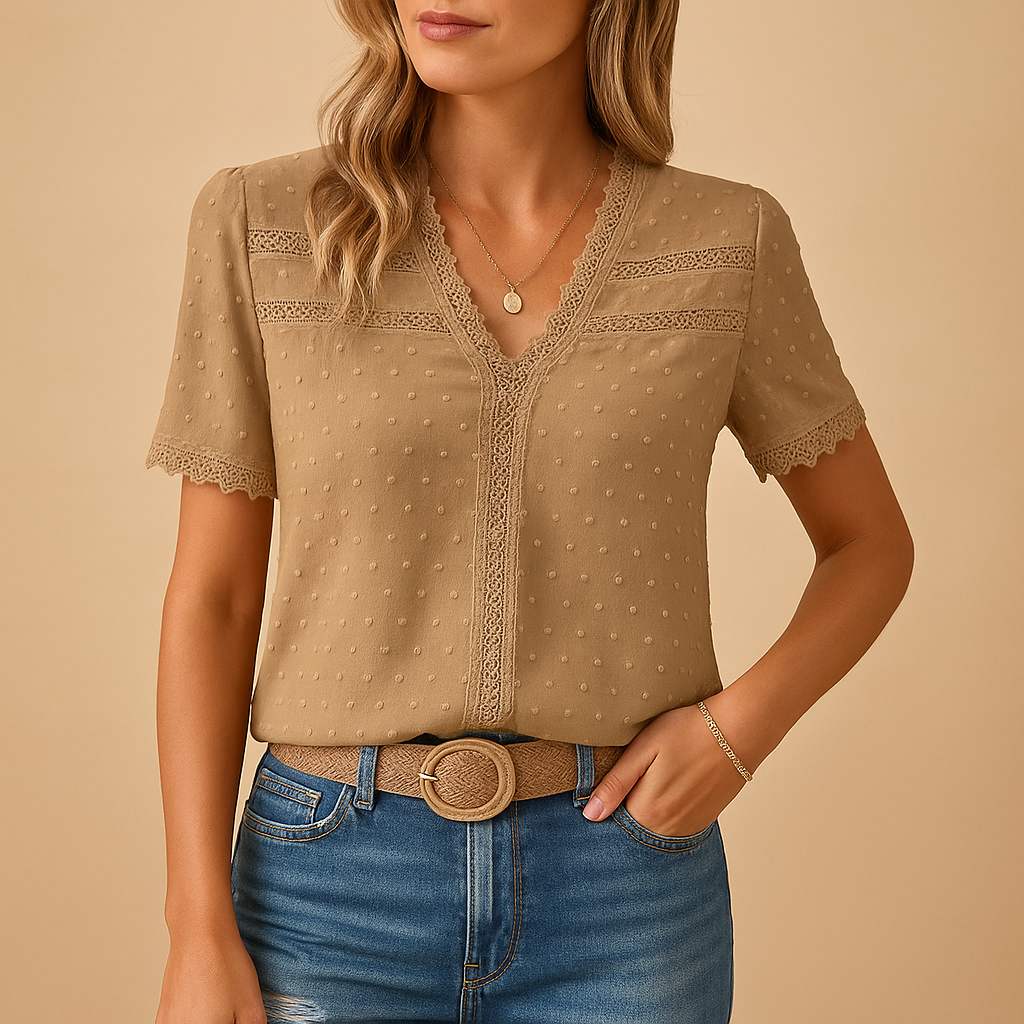 Elegant V-Ringad Blus Dam i Spets med Smickrande Siluett | Perfekt för Arbete och Speciella Tillfällen 0