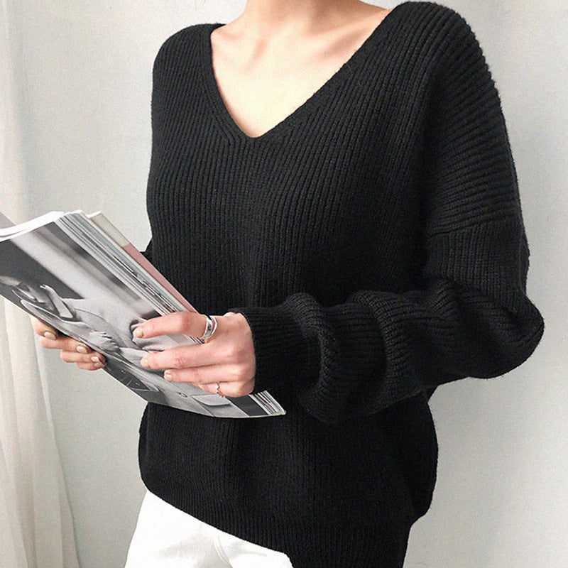 Elegant V-ringad Stickad Tröja Dam i Plysch med Ribbad Design | Mjuk och Bekväm för Höst och Vinter 2