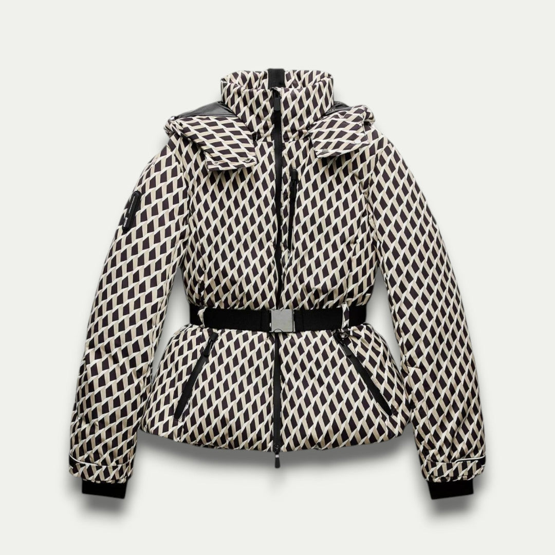 Elegant Vinterjacka Dam | Beige Mönstrad Pufferjacka med Bälte | Vattentät och Isolerad för Komfort och Stil 0
