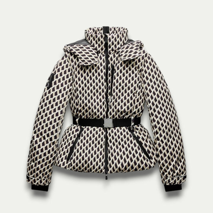 Elegant Vinterjacka Dam | Beige Mönstrad Pufferjacka med Bälte | Vattentät och Isolerad för Komfort och Stil 0