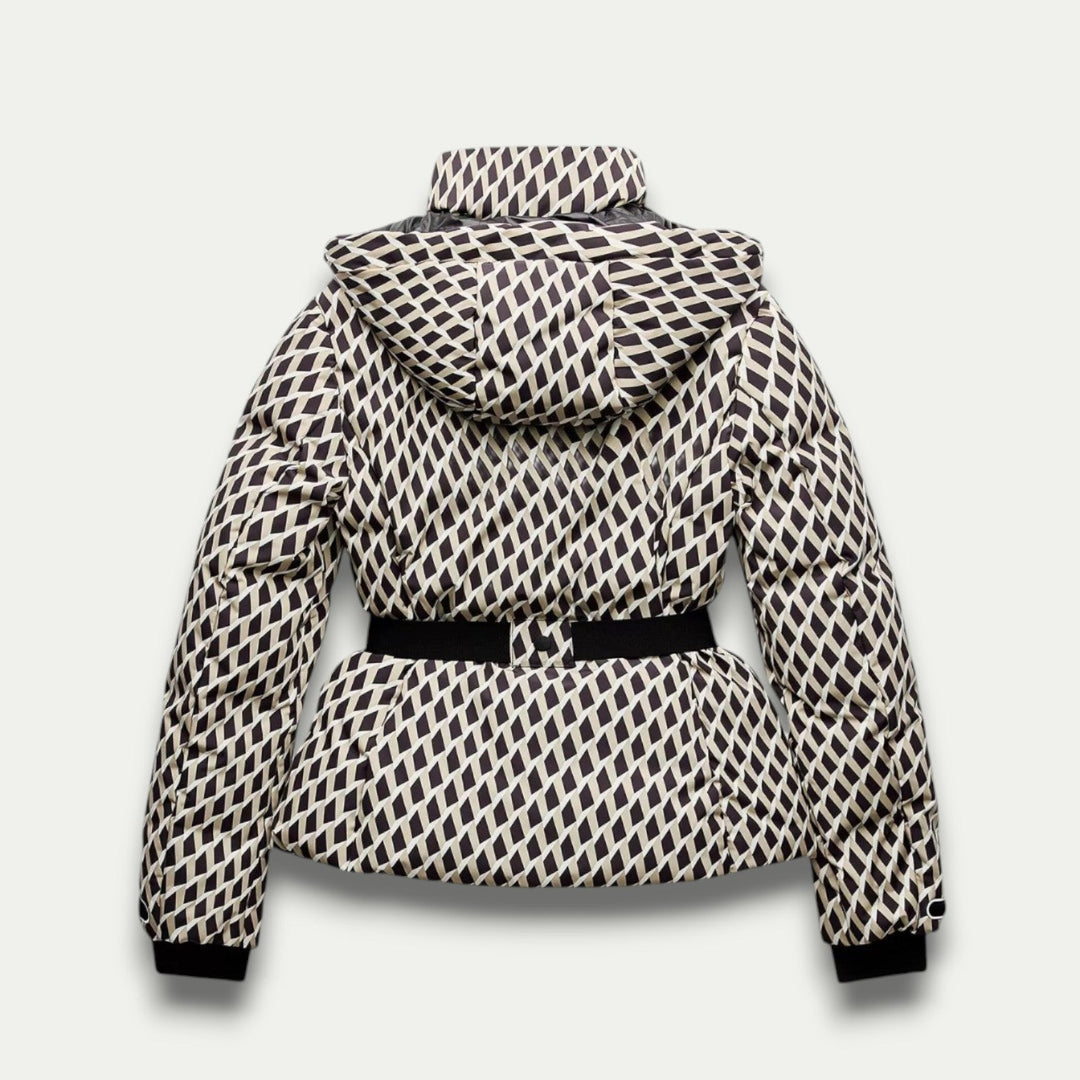 Elegant Vinterjacka Dam | Beige Mönstrad Pufferjacka med Bälte | Vattentät och Isolerad för Komfort och Stil 1