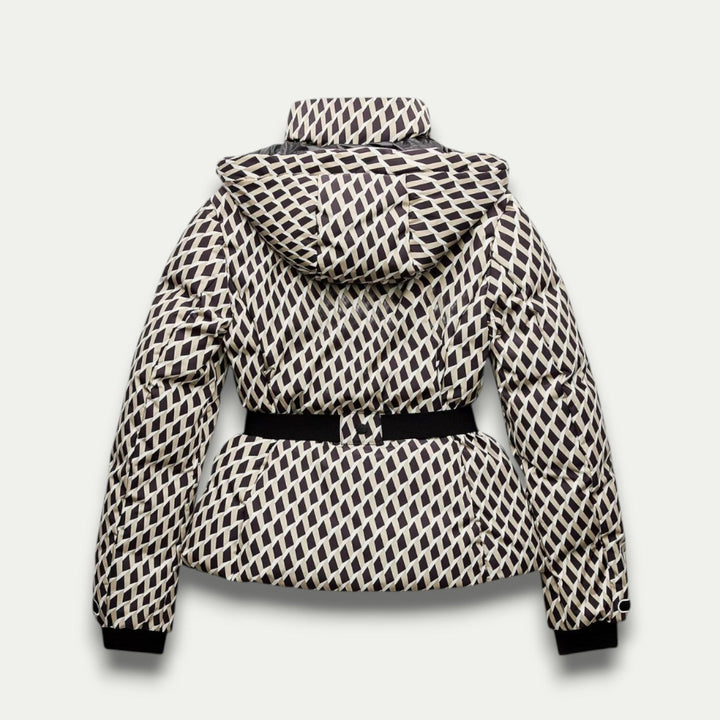 Elegant Vinterjacka Dam | Beige Mönstrad Pufferjacka med Bälte | Vattentät och Isolerad för Komfort och Stil 1