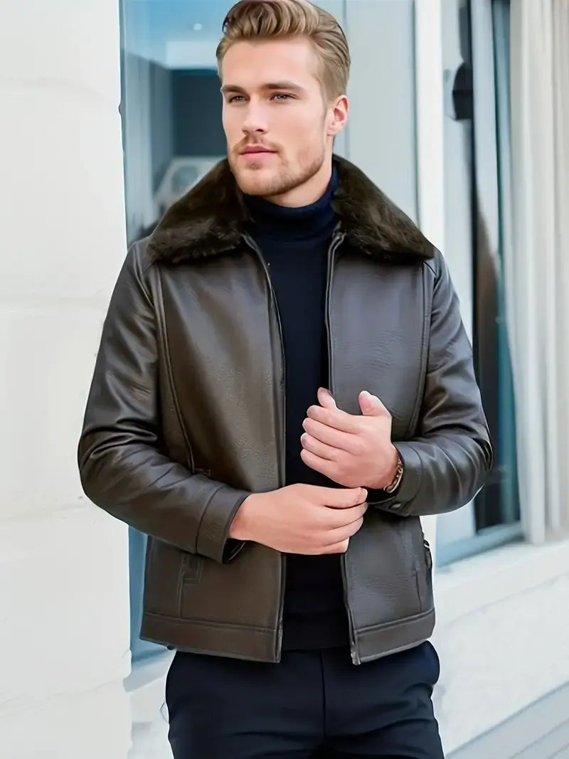 Elegant Vinterjacka för Män med Pälskrage och Dragkedja | Stilren Design för Värme och Komfort 0