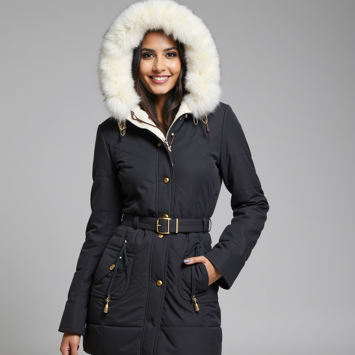 Elegant Vinterparka för Kvinnor med Fuskpäls &amp; Bälte | Hållbar Design för Kalla Dagar 1