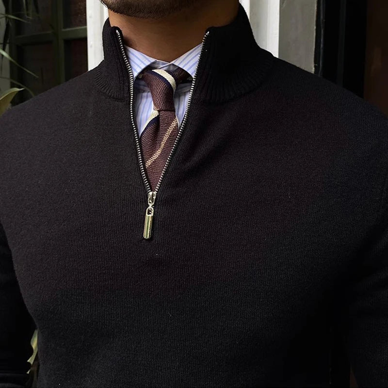 Elegant | Stickad Tröja med Halvdragkedja &amp; Ribbstickad Krage | Mångsidig Höst- och Vintergarderob för Män 1