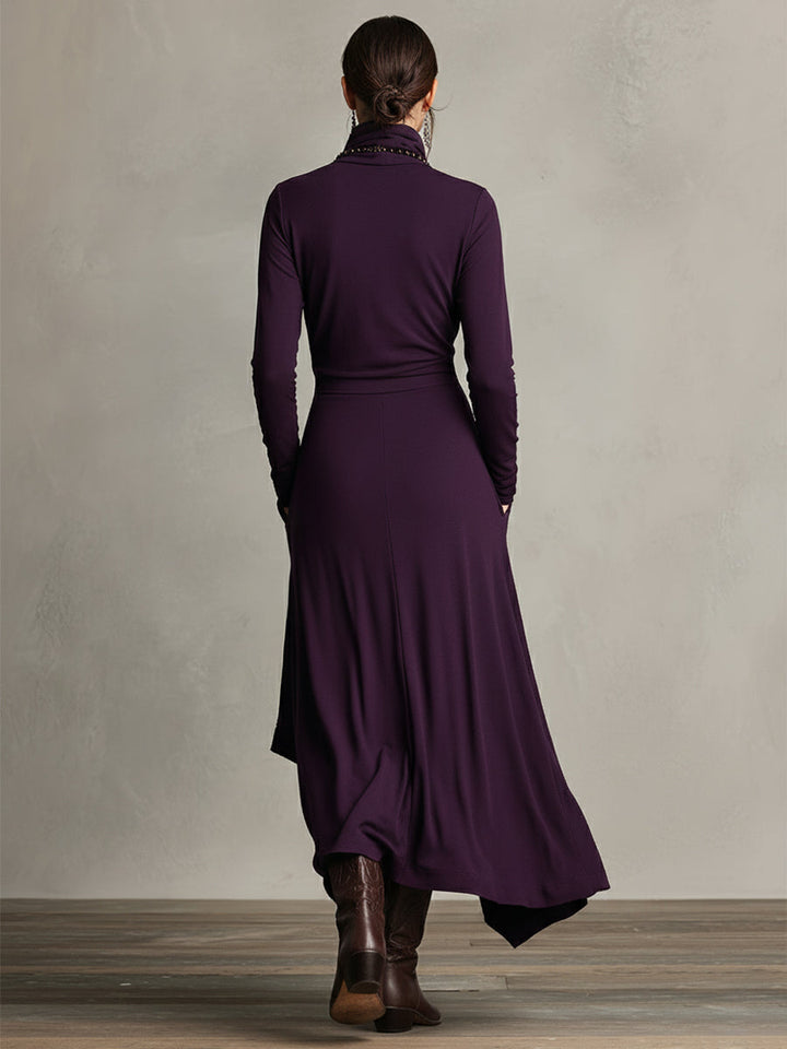Ella | Elegant Grön Maxiklänning Dam med Polokrage och Asymmetrisk Design 2