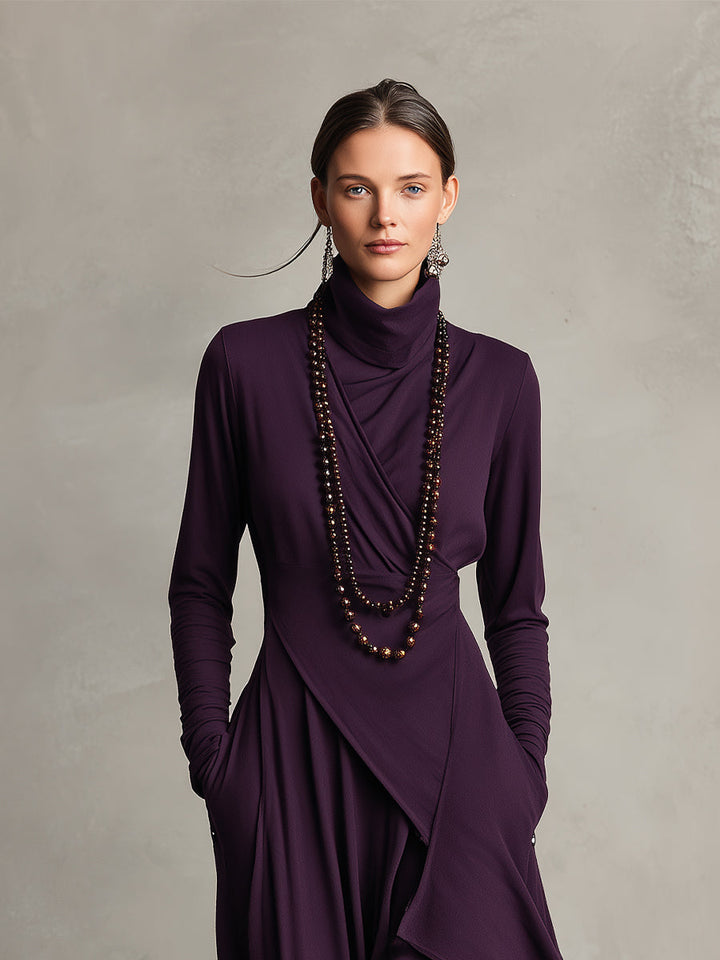Ella | Elegant Grön Maxiklänning Dam med Polokrage och Asymmetrisk Design 3