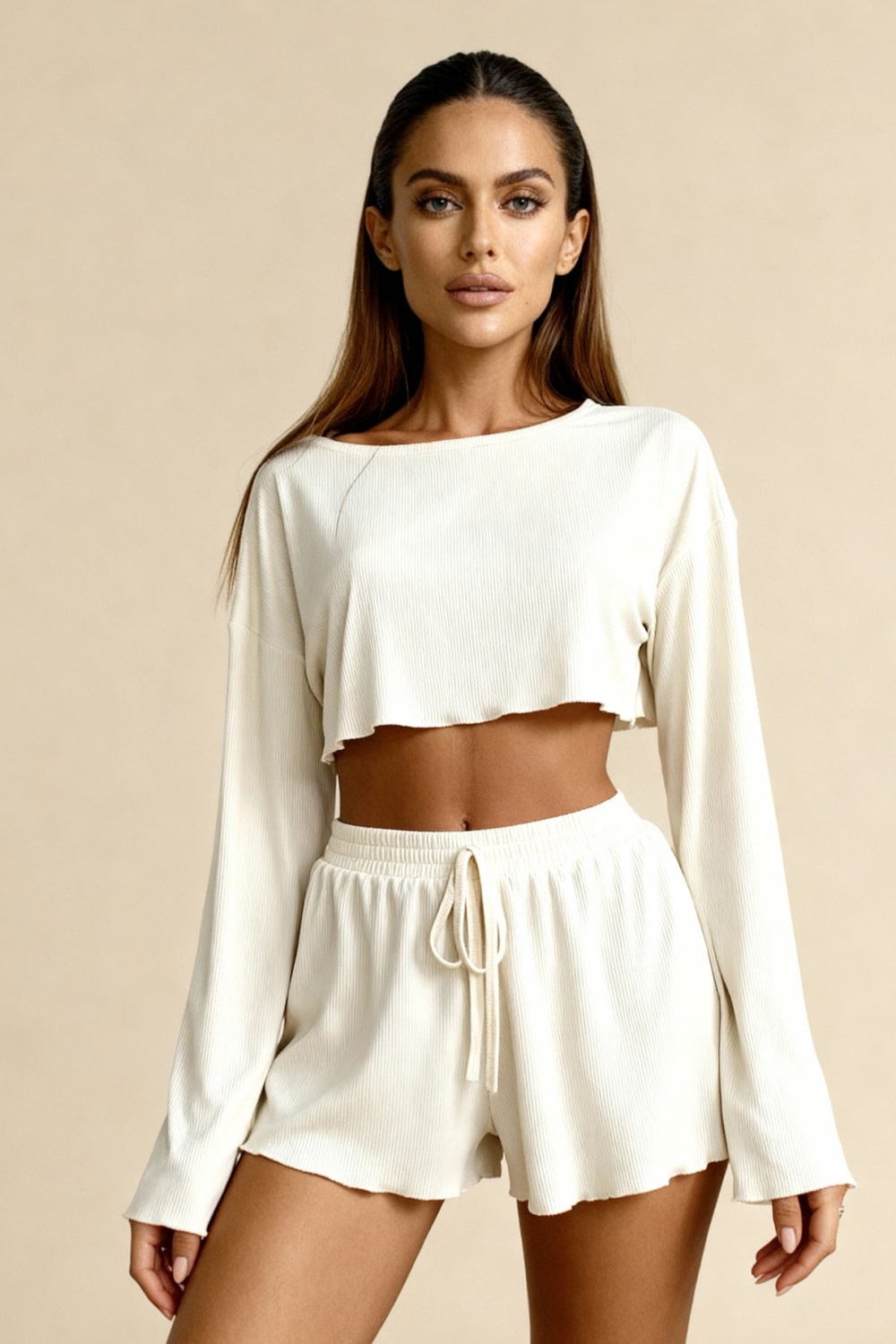 Ella | Ribbed Long Sleeve Crop Top And Shorts Set 1