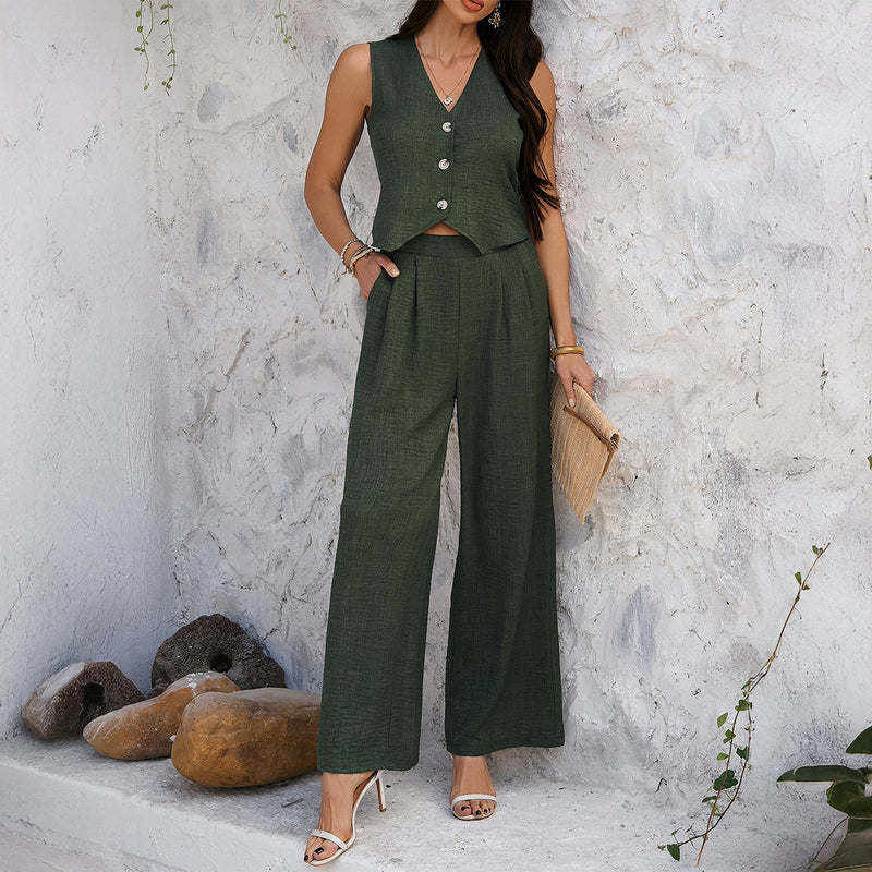 Emily | Elegant Ärmlös Linne Set med Vida Byxor för Vårens Stil 0