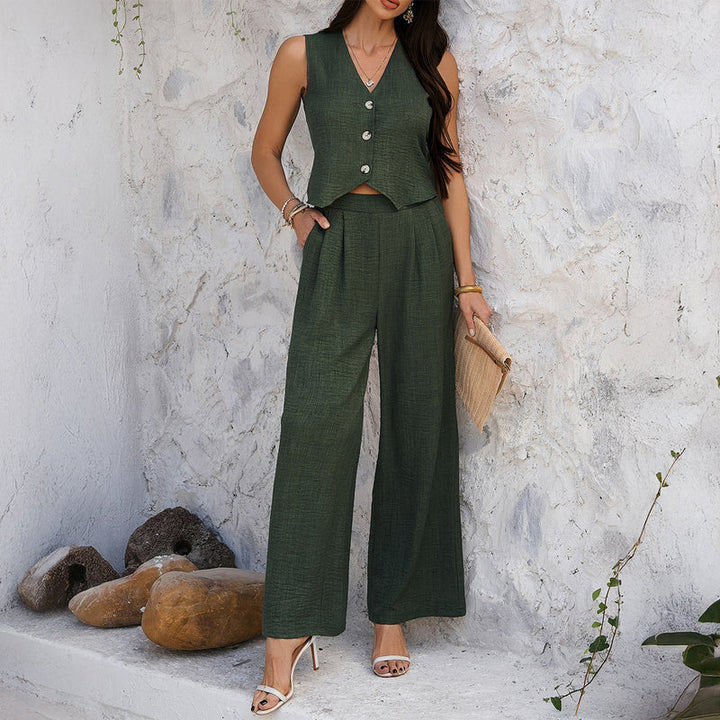 Emily | Elegant Ärmlös Linne Set med Vida Byxor för Vårens Stil 0