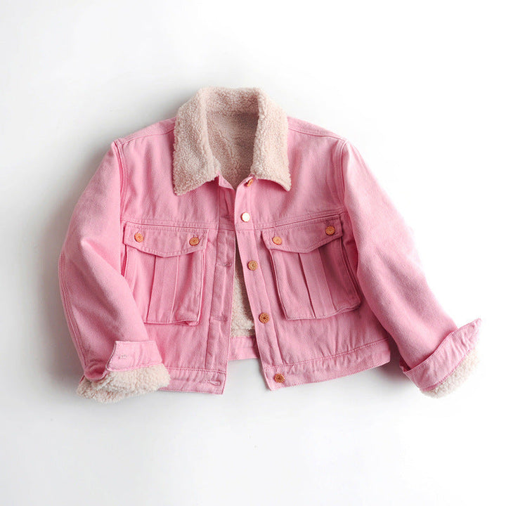 Emily | Kort Rosa Jeansjacka Dam Med Lammpälsfoder 1