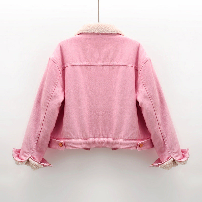 Emily | Kort Rosa Jeansjacka Dam Med Lammpälsfoder 3