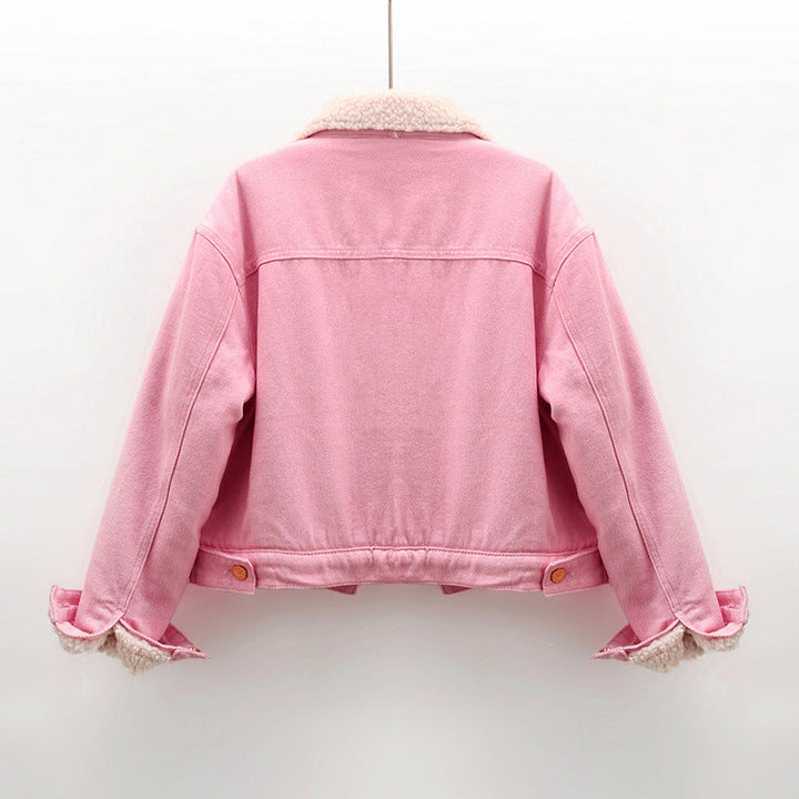 Emily | Kort Rosa Jeansjacka Dam Med Lammpälsfoder 3