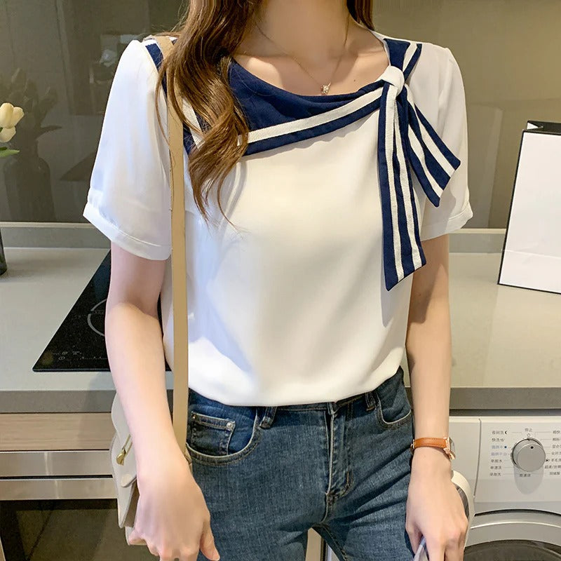 Emma | Elegant Långärmad Chiffongblus med Rosett 2