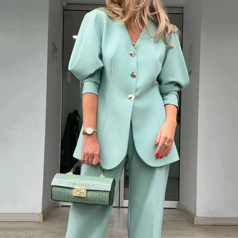 Emma | Elegant Långärmad Topp och Byxor Set 1