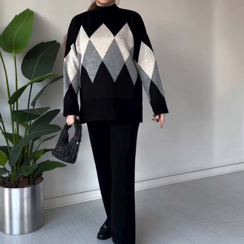 Emma | Färgglad Diamantmönstrad Tröja och Byxor Set 1