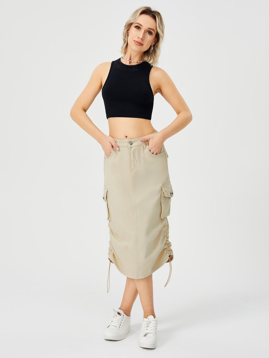 Emma | Hög Midja Cargo Midi Kjol med Slits 7