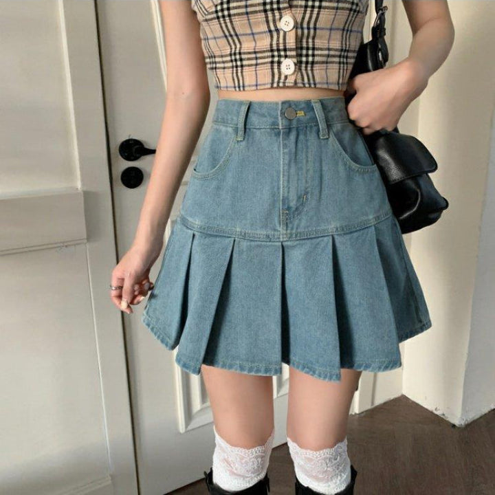 Emma | Hög Midja Veckad Denim Minikjol 0