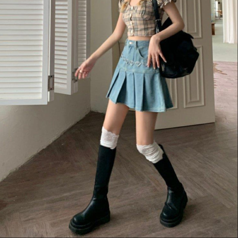 Emma | Hög Midja Veckad Denim Minikjol 4