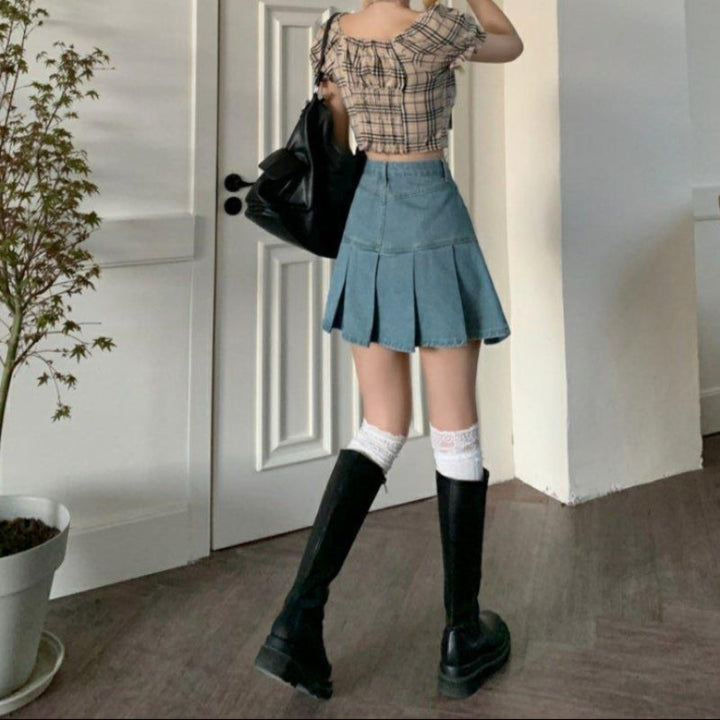 Emma | Hög Midja Veckad Denim Minikjol 5