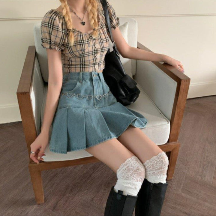 Emma | Hög Midja Veckad Denim Minikjol 6