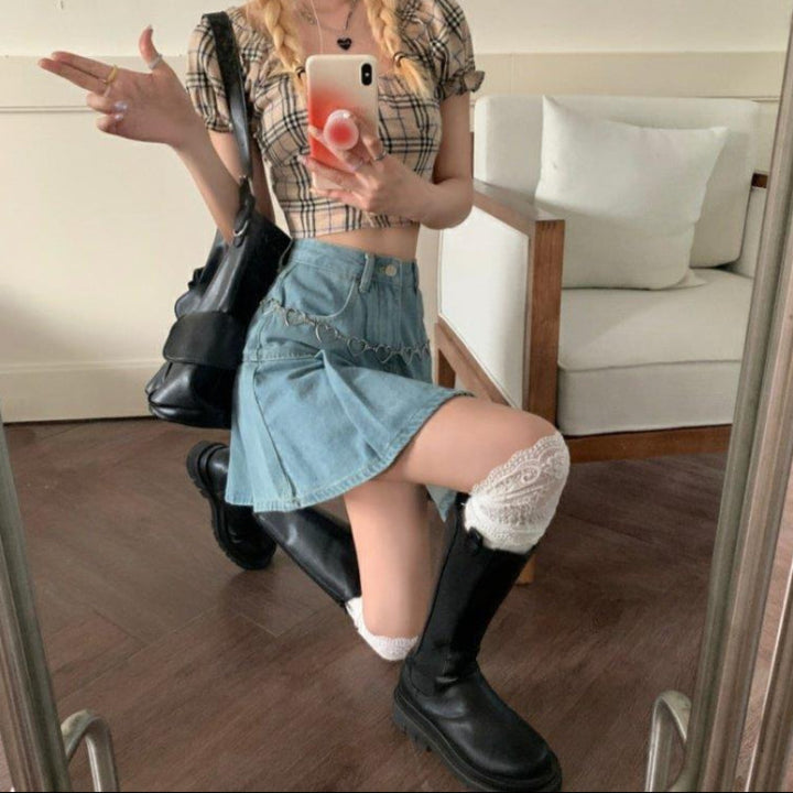 Emma | Hög Midja Veckad Denim Minikjol 7