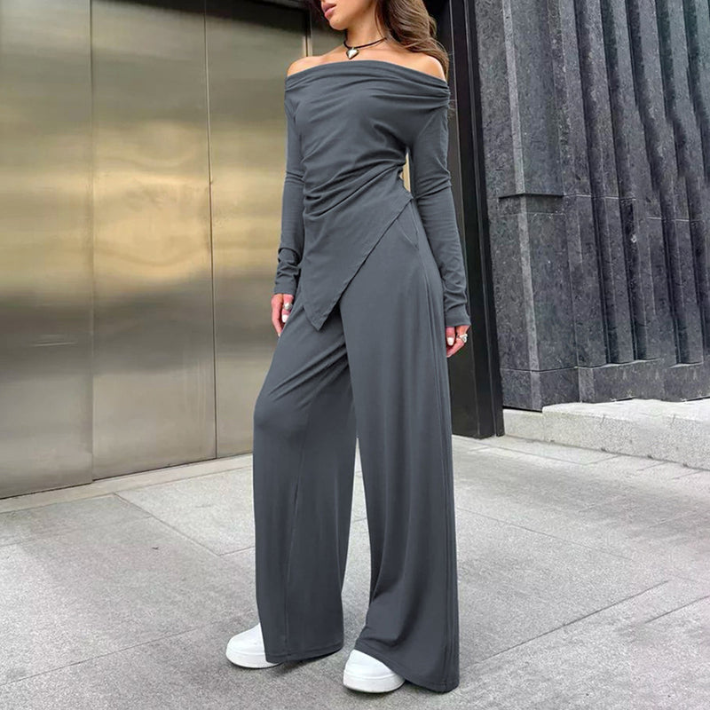 Emma | Modern Off-Neck Långärmad Set med Slim-Fit Byxor 0