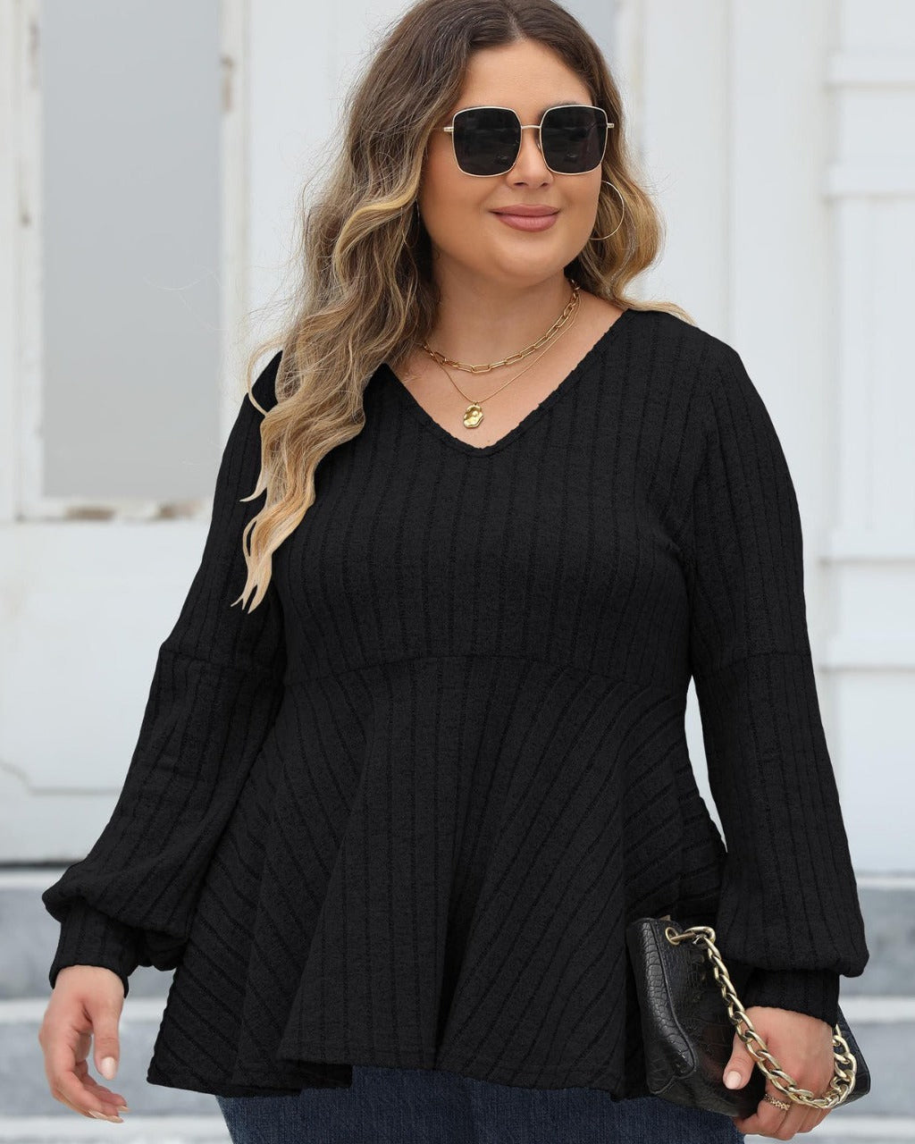 Emma | Randig Blus med V-Ringning och Lanternärmar 3