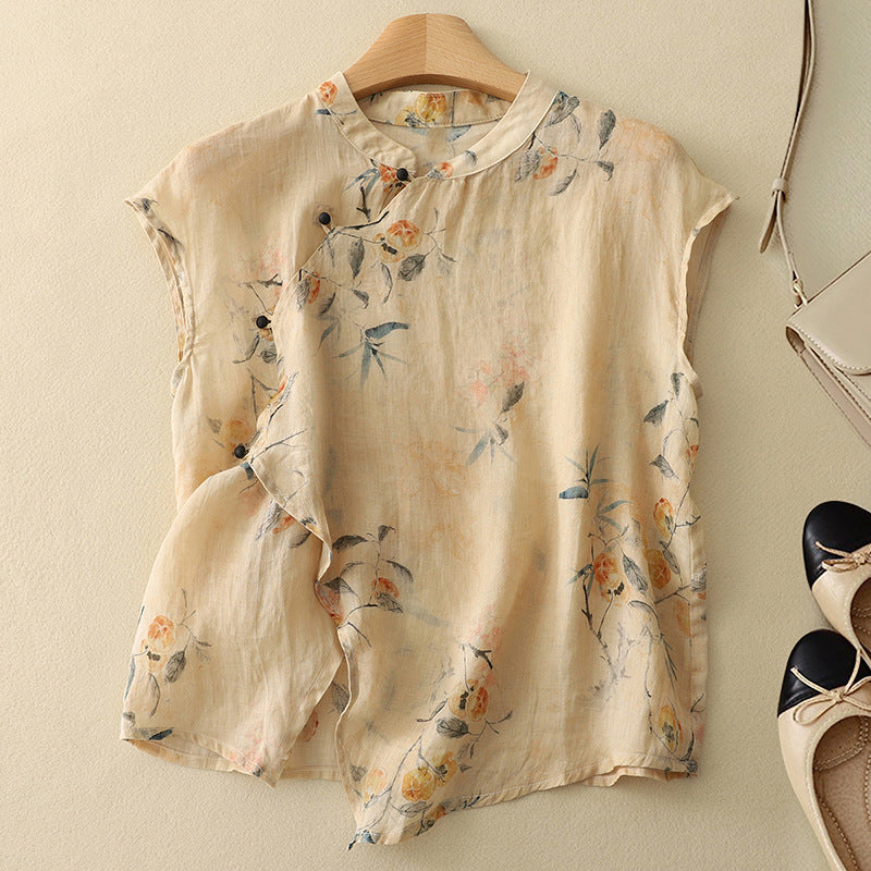 Emma | Vintage Blus med Blommönster och Mandarinfärgad Halsringning 0