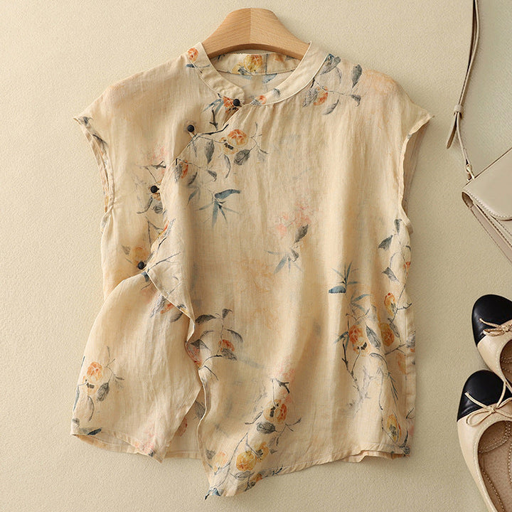 Emma | Vintage Blus med Blommönster och Mandarinfärgad Halsringning 0