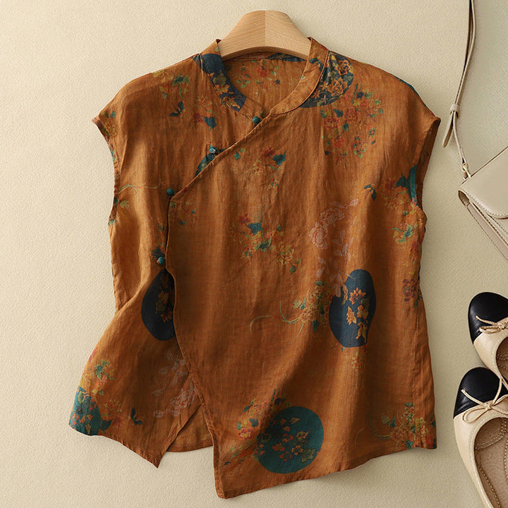 Emma | Vintage Blus med Blommönster och Mandarinfärgad Halsringning 1