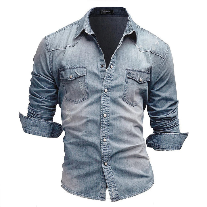 Ethan | Klassisk Denim Herrskjorta med Spetsig Krage 0