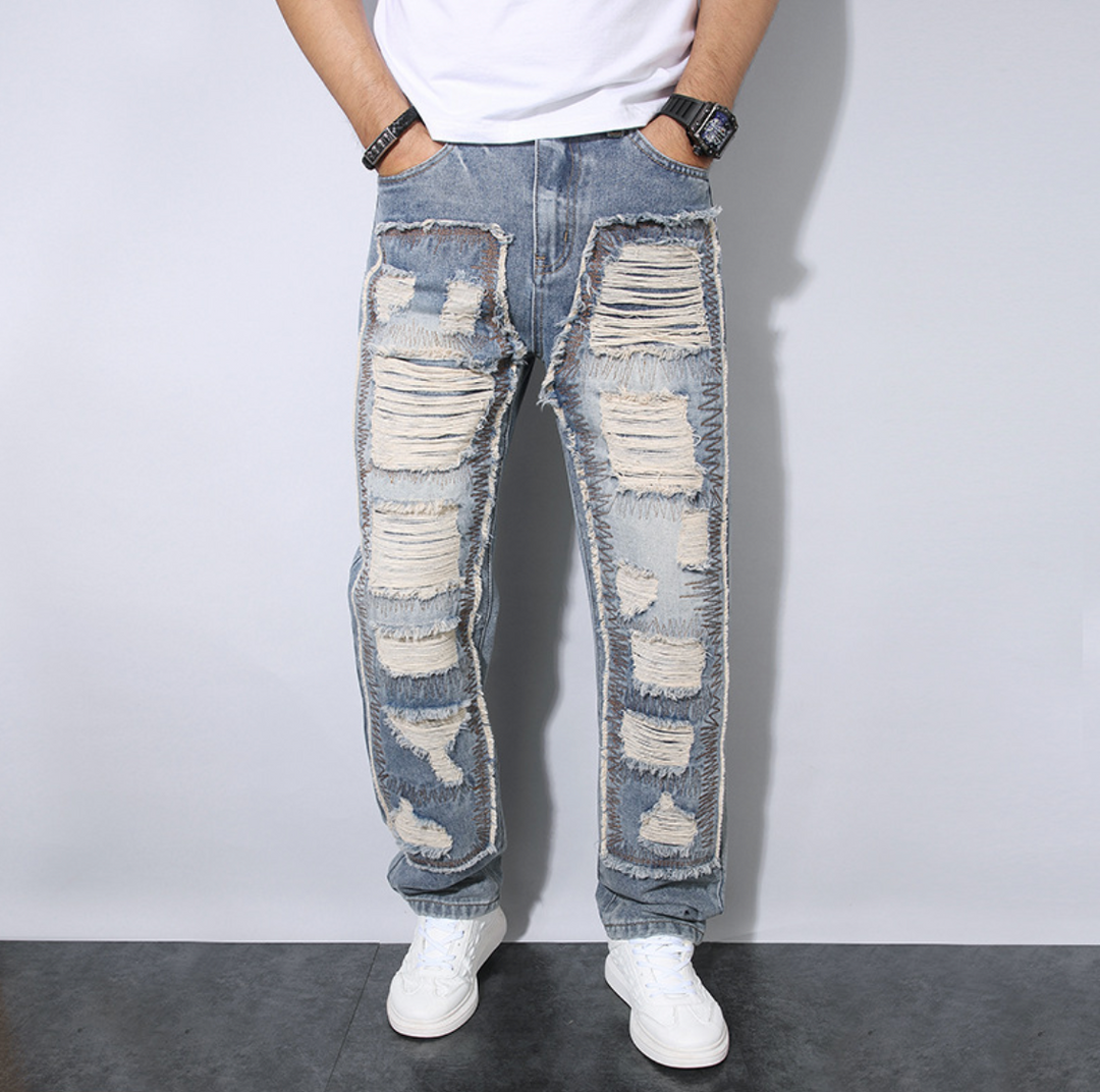 Ethan | Lössittande Rak Passform Jeans med Rivit Design för Herr 0