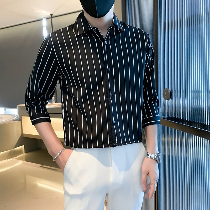 Ethan | Modern Randig Långärmad Herrskjorta Med Fyrkantig Krage 0