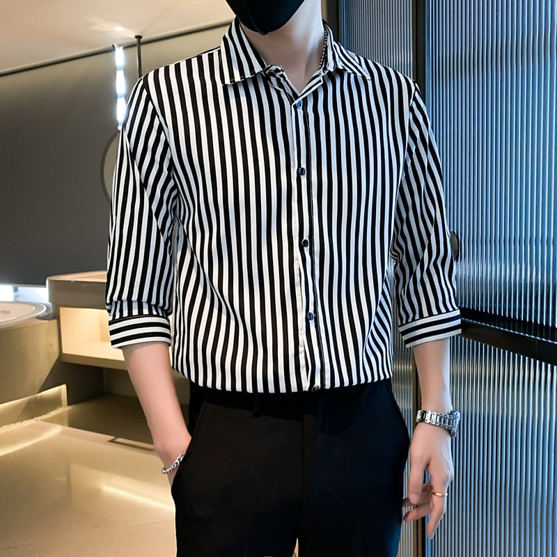Ethan | Modern Randig Långärmad Herrskjorta Med Fyrkantig Krage 2