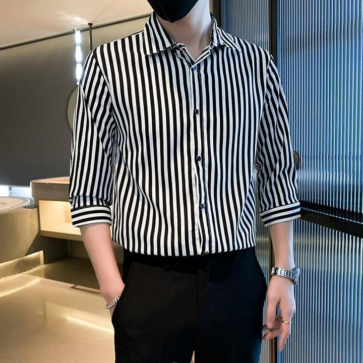 Ethan | Modern Randig Långärmad Herrskjorta Med Fyrkantig Krage 2