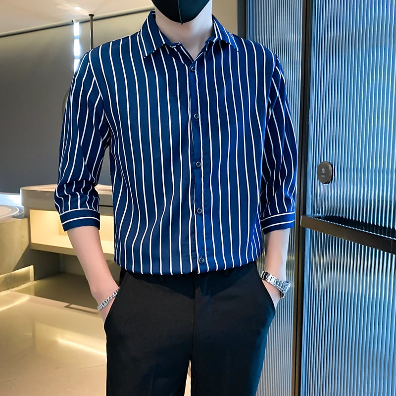Ethan | Modern Randig Långärmad Herrskjorta Med Fyrkantig Krage 3