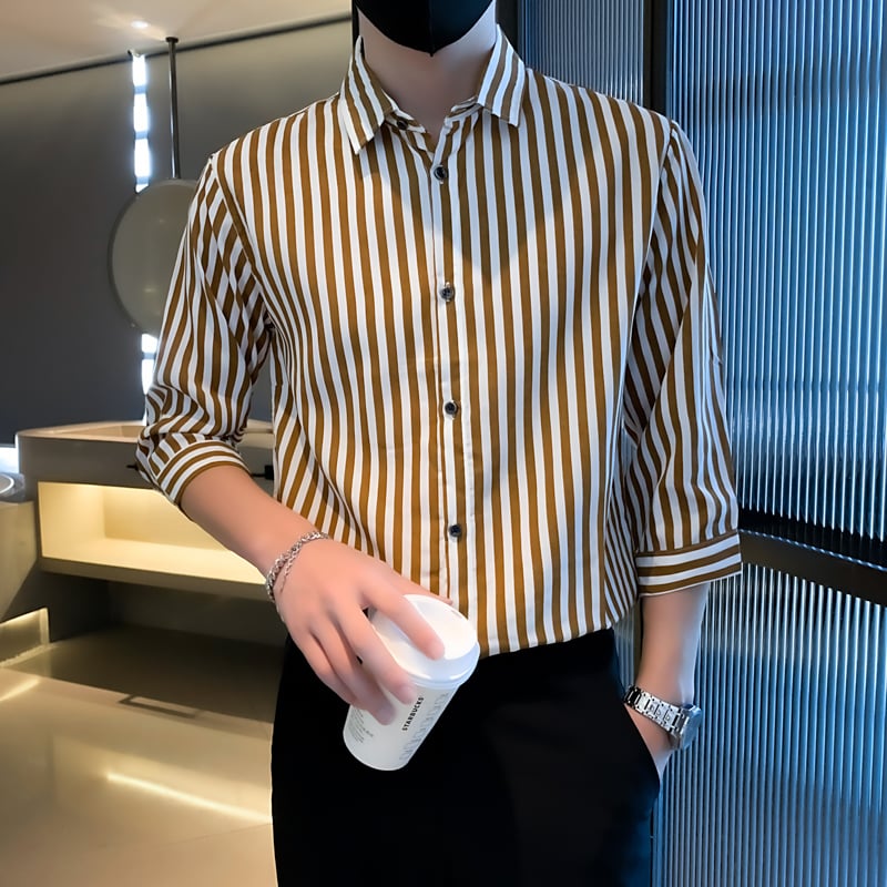 Ethan | Modern Randig Långärmad Herrskjorta Med Fyrkantig Krage 5