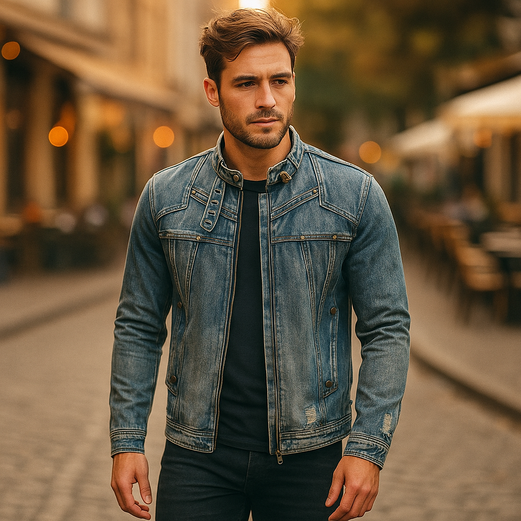 Ethan | Robust Moto-Inspirerad Denimjacka med Ståkrage 0