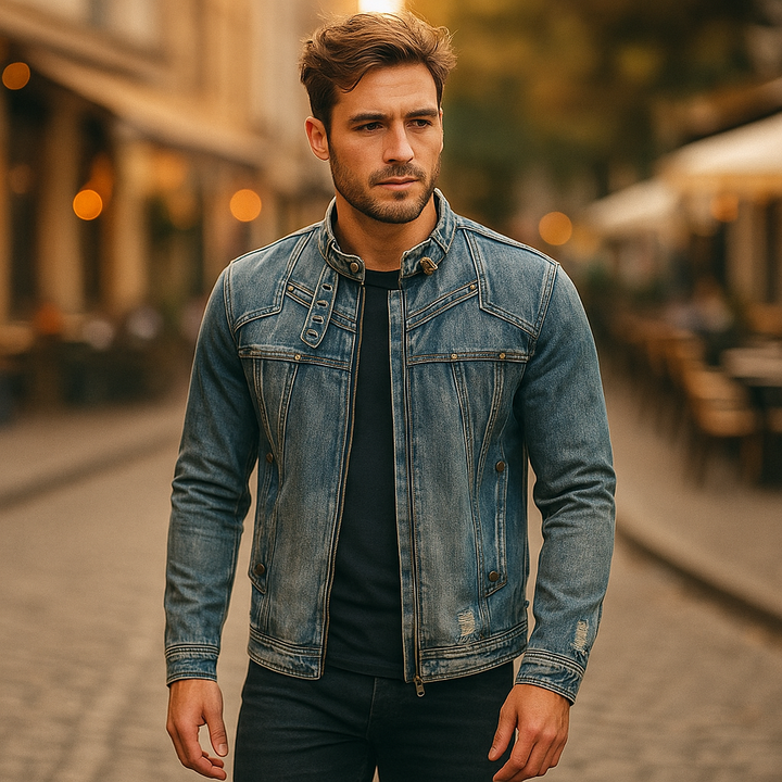 Ethan | Robust Moto-Inspirerad Denimjacka med Ståkrage 0