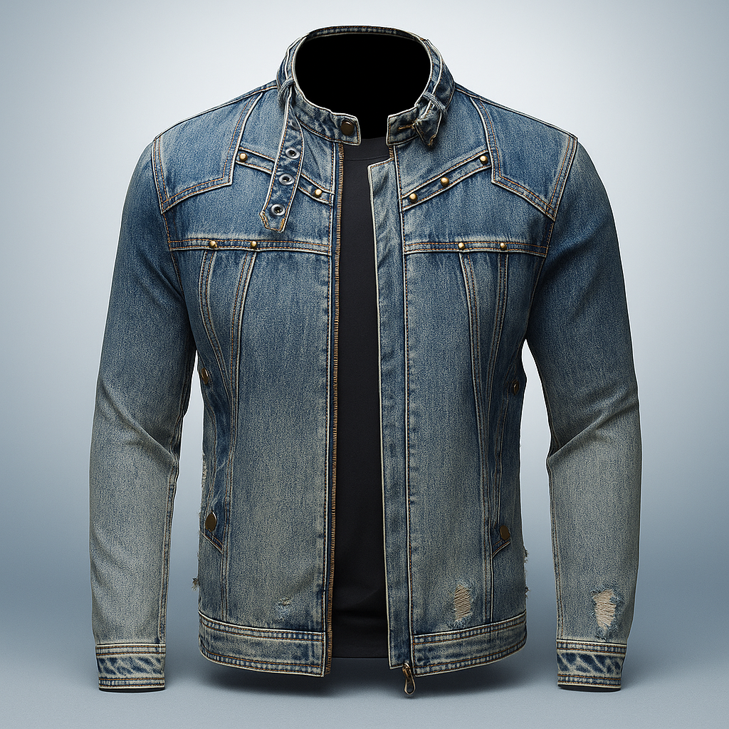 Ethan | Robust Moto-Inspirerad Denimjacka med Ståkrage 1