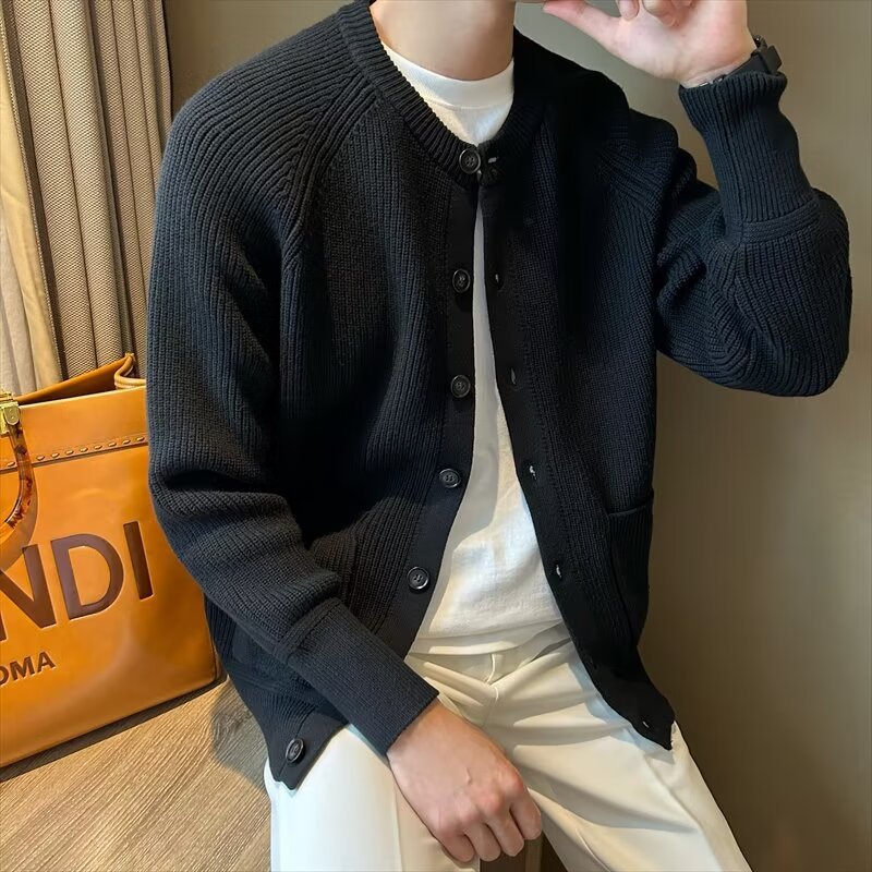 Ethan | Slim Fit Cardigan med Rund Halsringning, Enfärgad, Tidlös 0