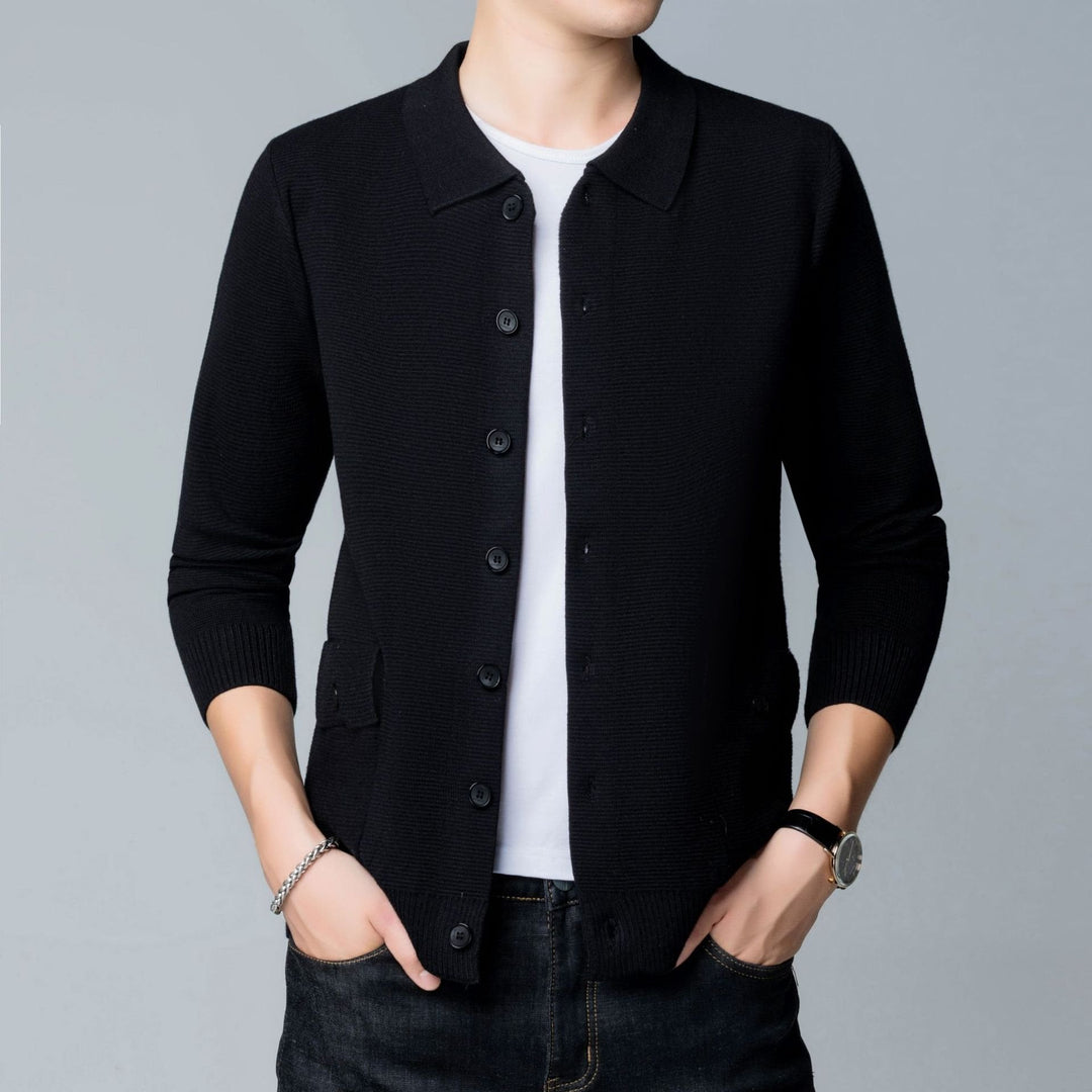 Ethan | Slim Fit Stickad Kofta med Slagkrage och Framfickor 0