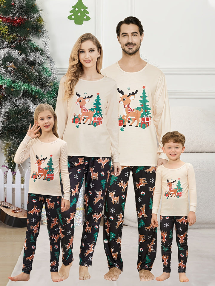 Familjepyjamas | Beige Julpyjamas med Ren- och Julgransgrafik | Mjuk och Bekväm för Vintersäsongen 0