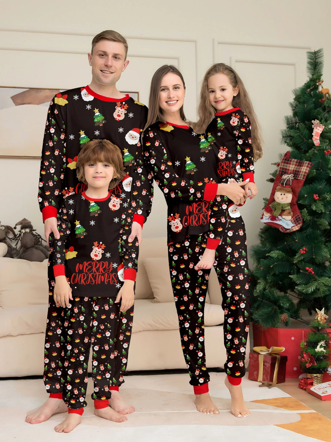 Familjepyjamas | Julpyjamas i Svart med Roligt All-Over Tryck | Bekväm Nattkläder för Mysiga Julmorgnar 0